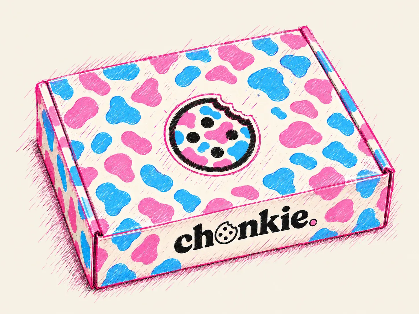 Illustration of a chonkie. box with pink and blue cowprint.
