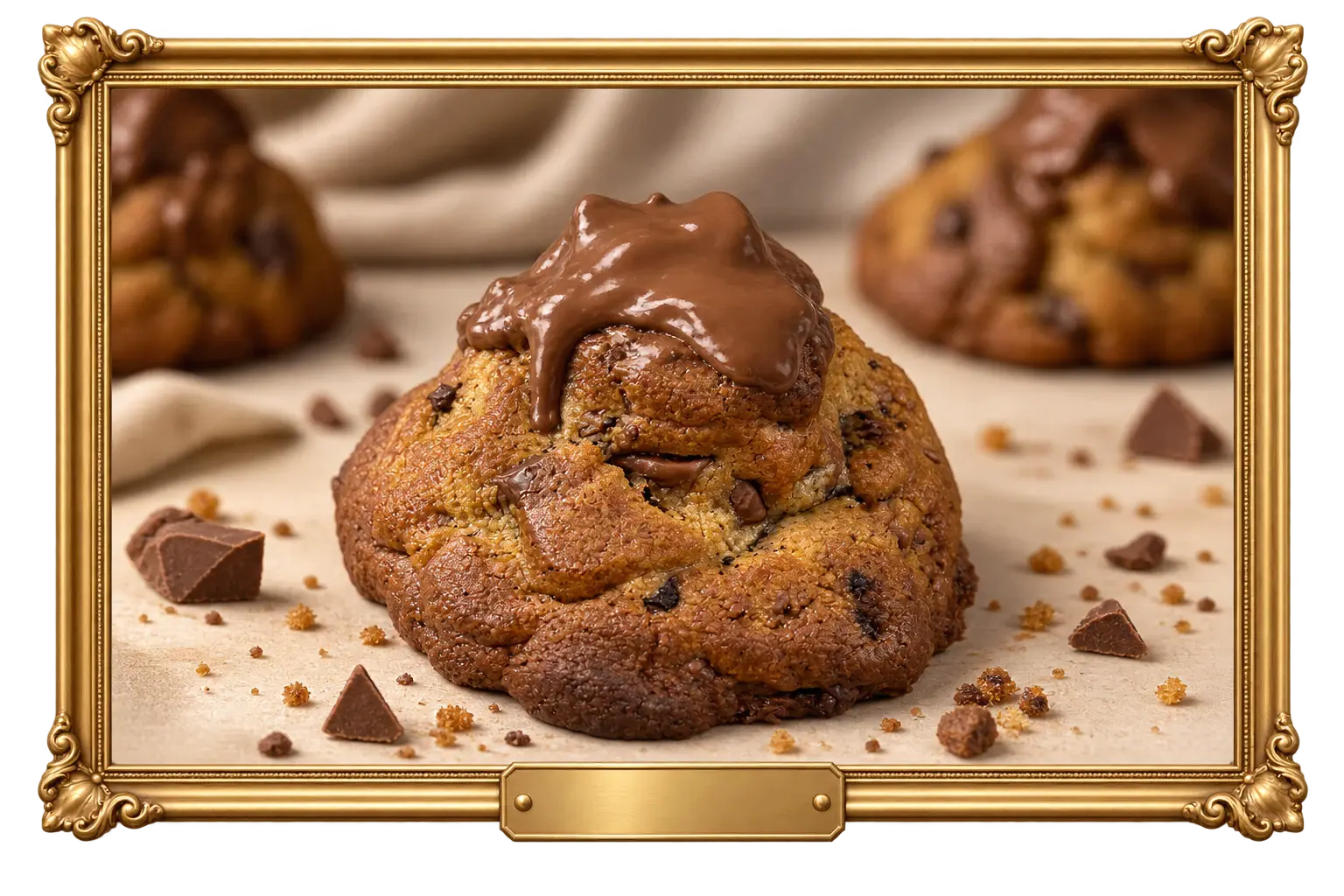Brown Butter Choc Chip cookie topped with melted chocolate, in a gold picture frame.