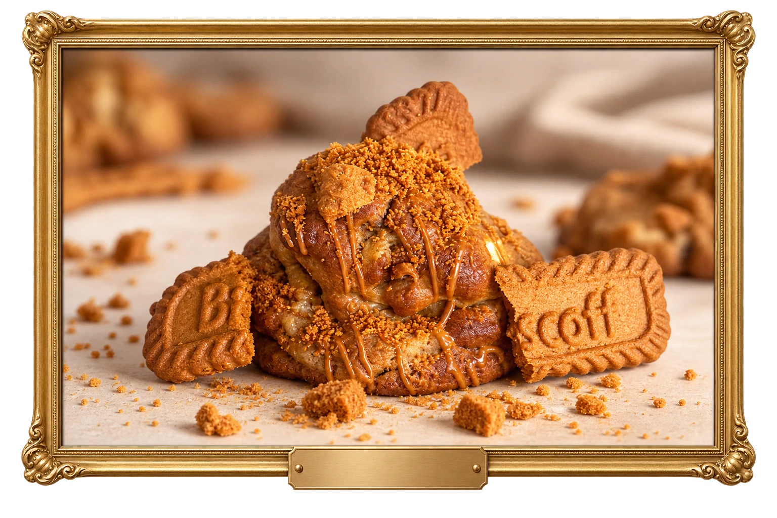 Scoff cookie in an ornate gold gallery frame.